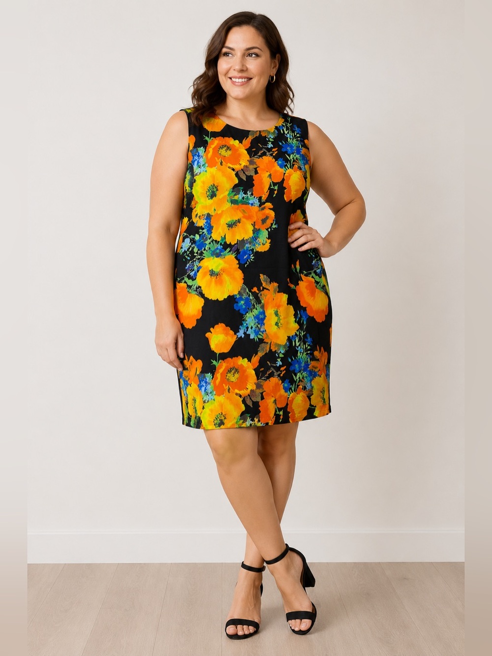 St. John Collection Floral Sheath Dress Black Orange Blue Sleeveless Size 14